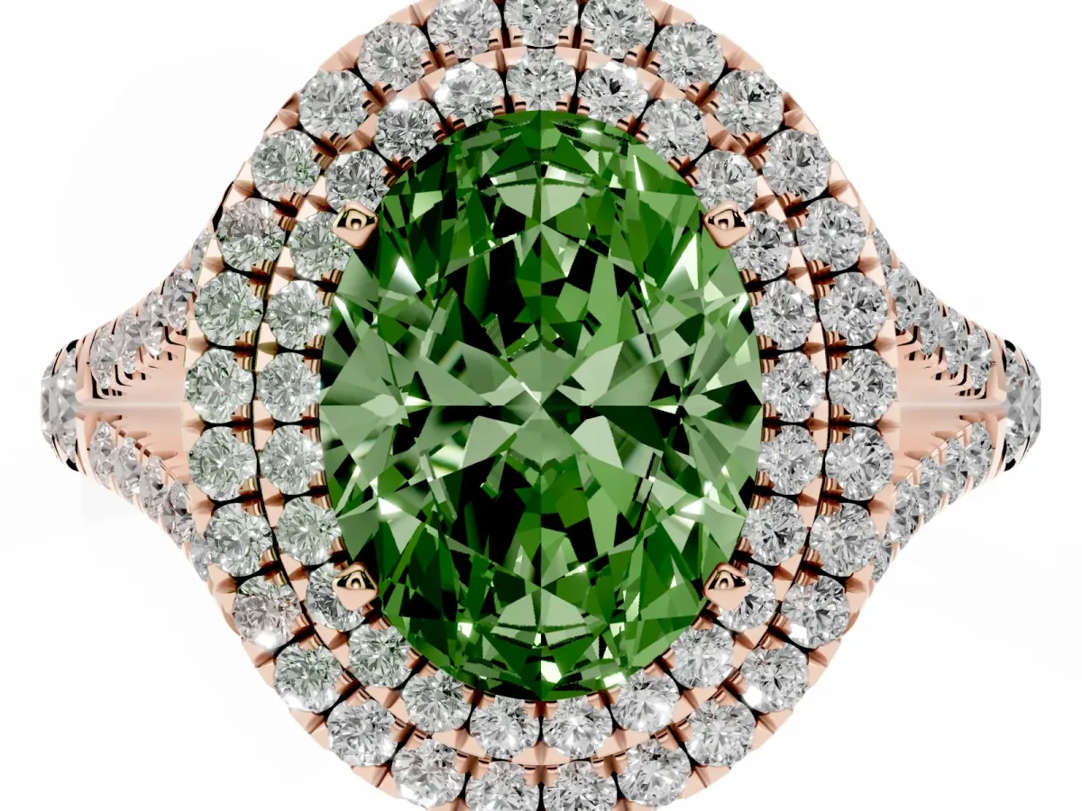 Fancy Green Double Halo Oval Cut Diamond Split Shank Engagement Ring with Four-Prong Setting Rose gold