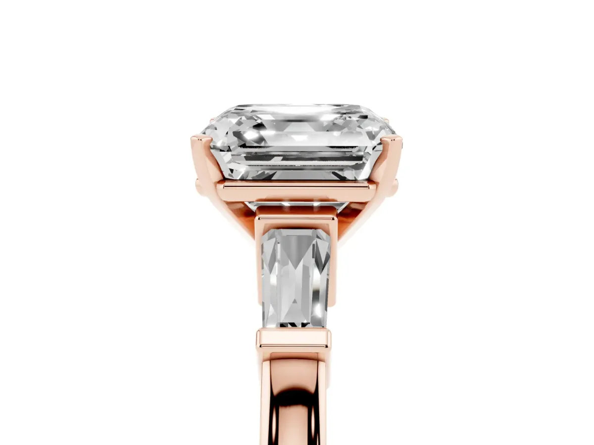 Asscher Cut Cut Diamond Solitaire Ring with Tapered Baguette Accents and Four-Prong Setting Rose gold