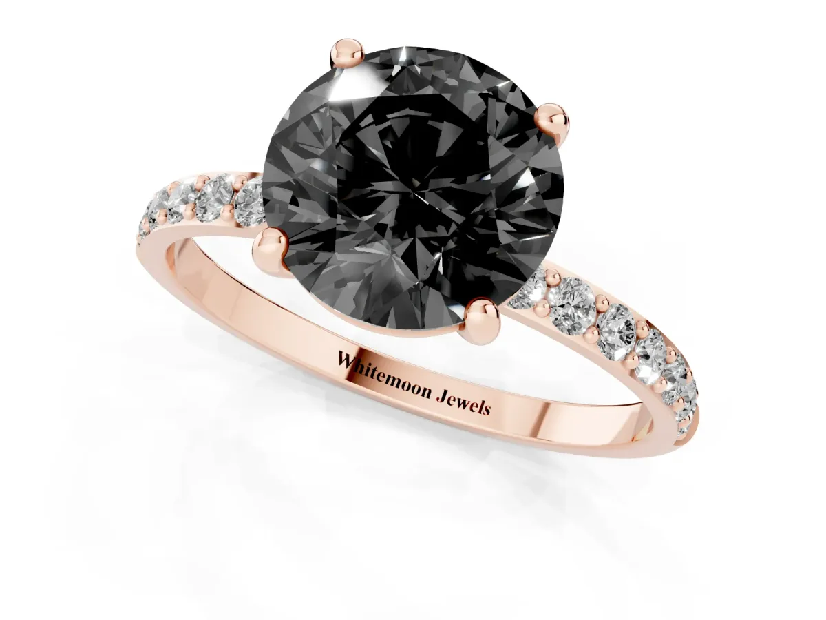 Fancy Black Round Cut Diamond Solitaire Ring with Round Pavé Band and Prong Setting Rose gold