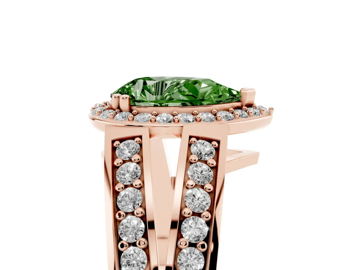 Fancy Green Pear Cut Diamond Halo Ring with Split Shank Pavé Band and Four-Prong Setting Rose gold