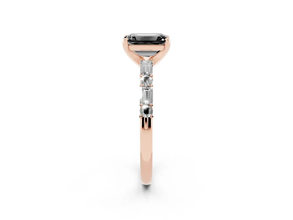 Fancy Black Emerald Cut Diamond Solitaire with Side Baguettes and Channel Set Band Rose gold