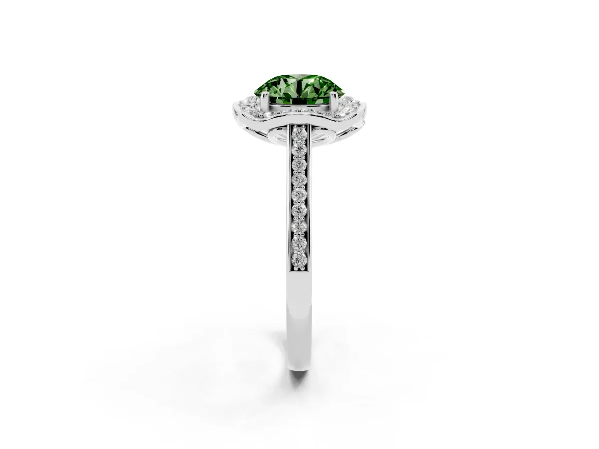 Fancy Green Round Cut Halo Round Diamond Pave Band with Four-Prong Setting Silver