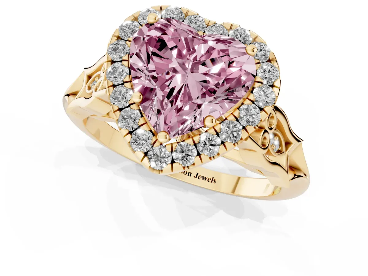 Fancy Pink Heart Cut Halo Diamond Engagement Ring with Filigree Band and Four-Prong Setting Yellow gold