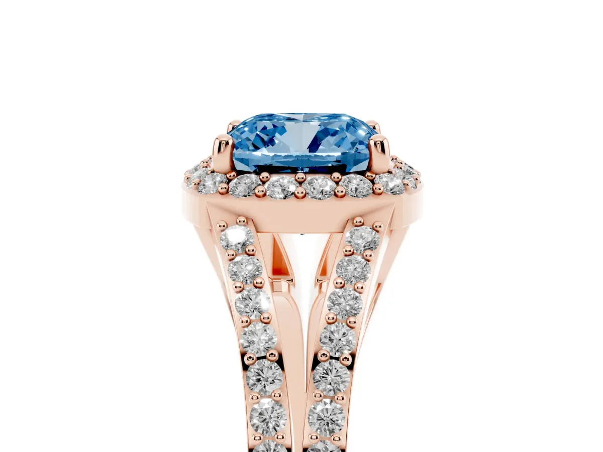 Fancy Blue Cushion Cut Halo Split Shank Diamond Ring with Prong Setting Rose gold