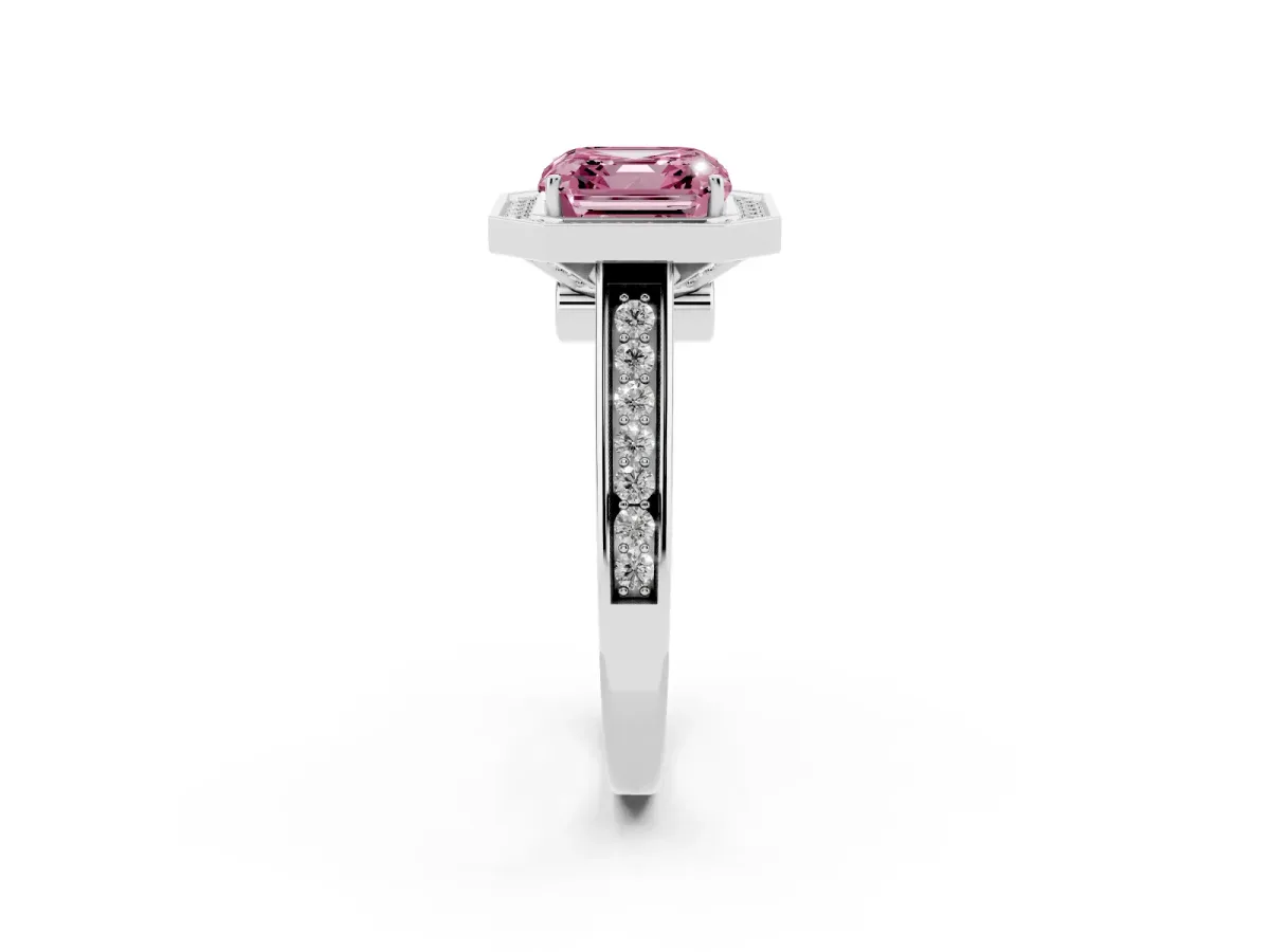 Fancy Pink Asscher Cut Halo Solitaire Diamond Ring with Pave Band and Bezel Setting Silver