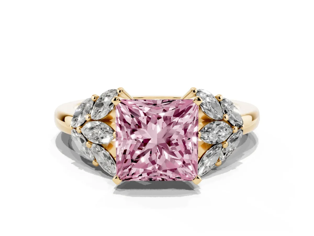 Fancy Pink Princess Cut Diamond Cluster Leaf Design Ring with Prong Setting Yellow gold