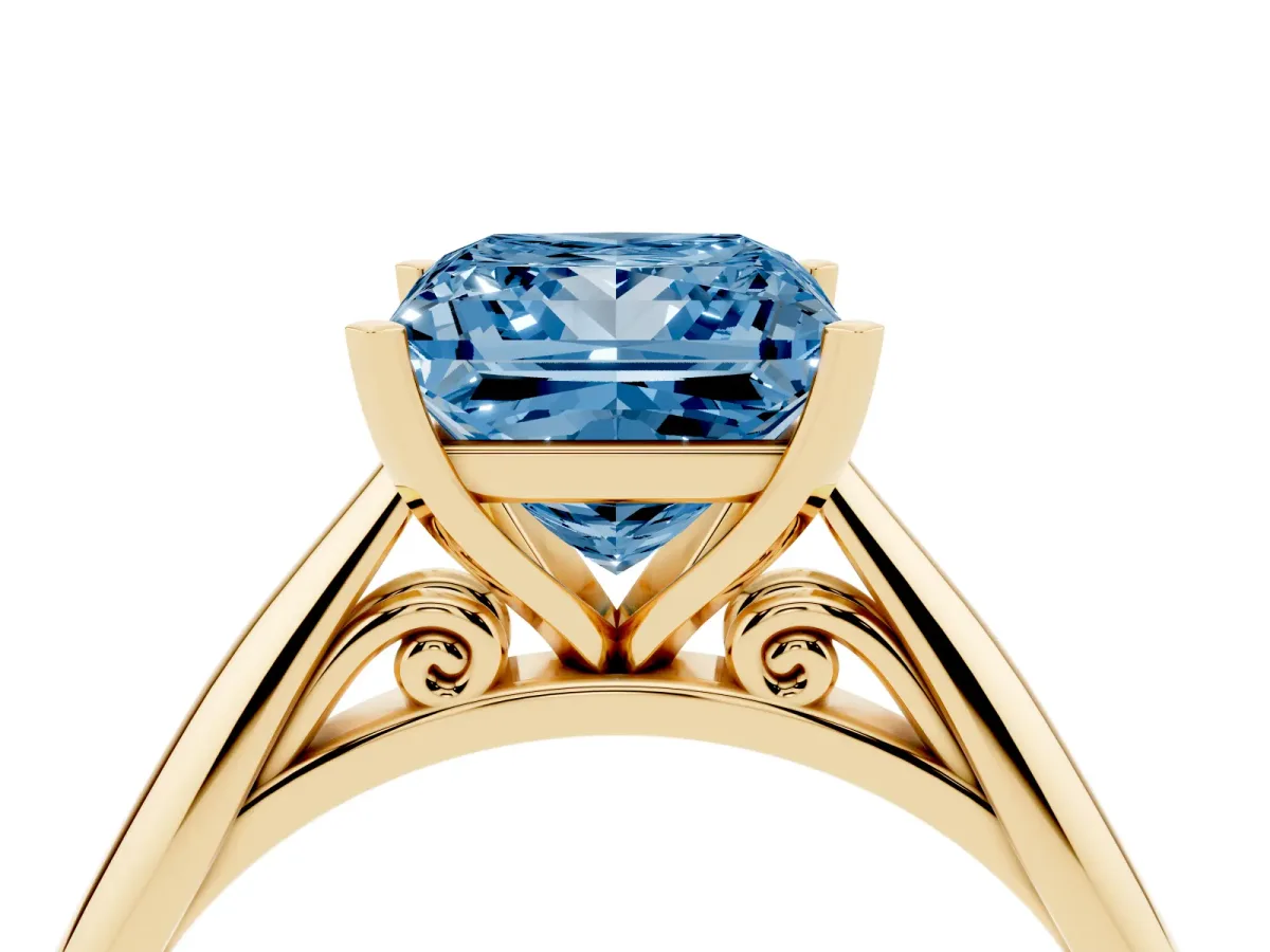 Fancy Blue Princess Cut Diamond Solitaire Engagement Ring with Cathedral Setting and Four-Prong Mount Yellow gold