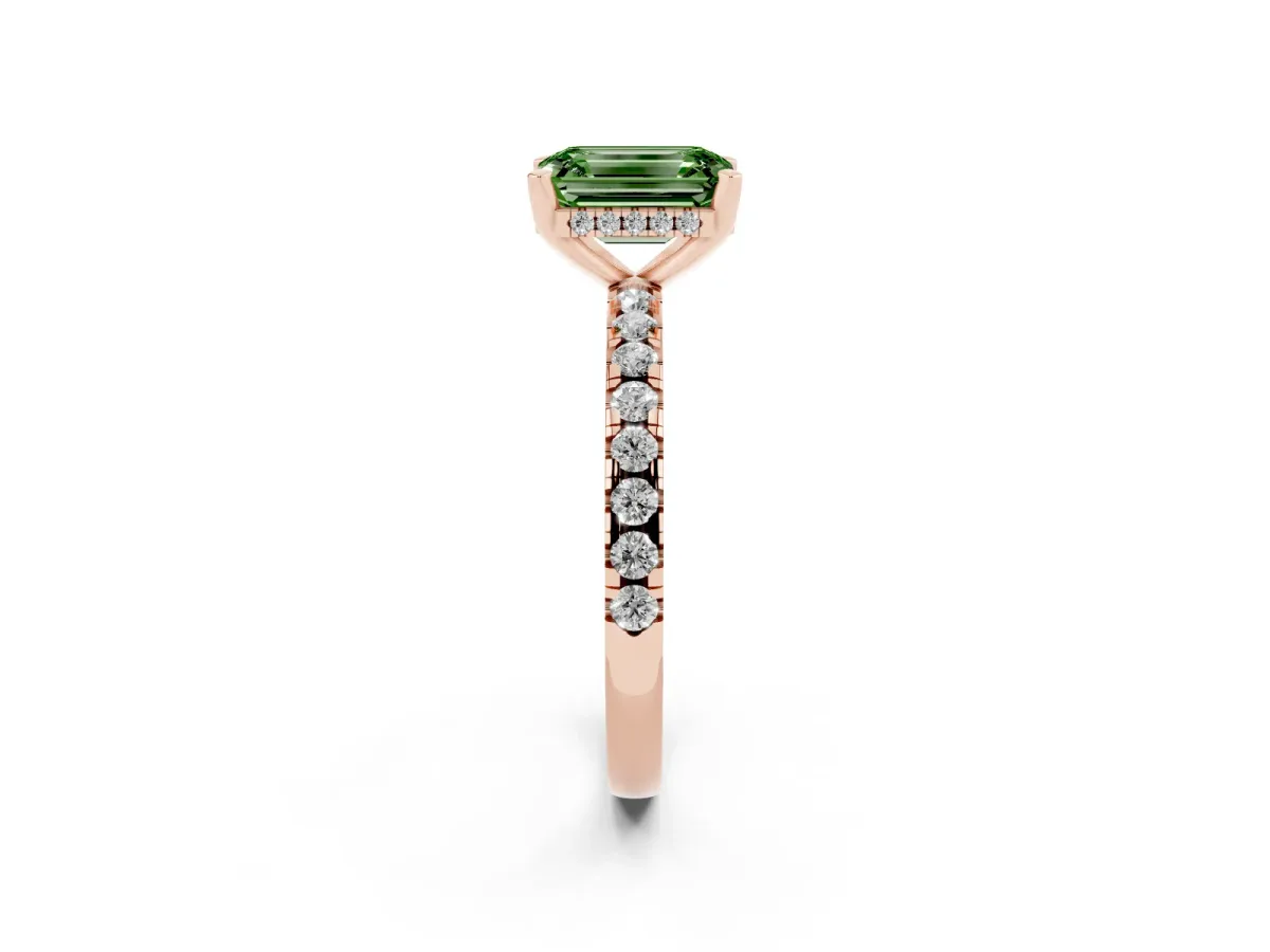 Fancy Green Emerald Cut Diamond Solitaire Ring with Round Pavé Band and Four-Prong Setting Rose gold