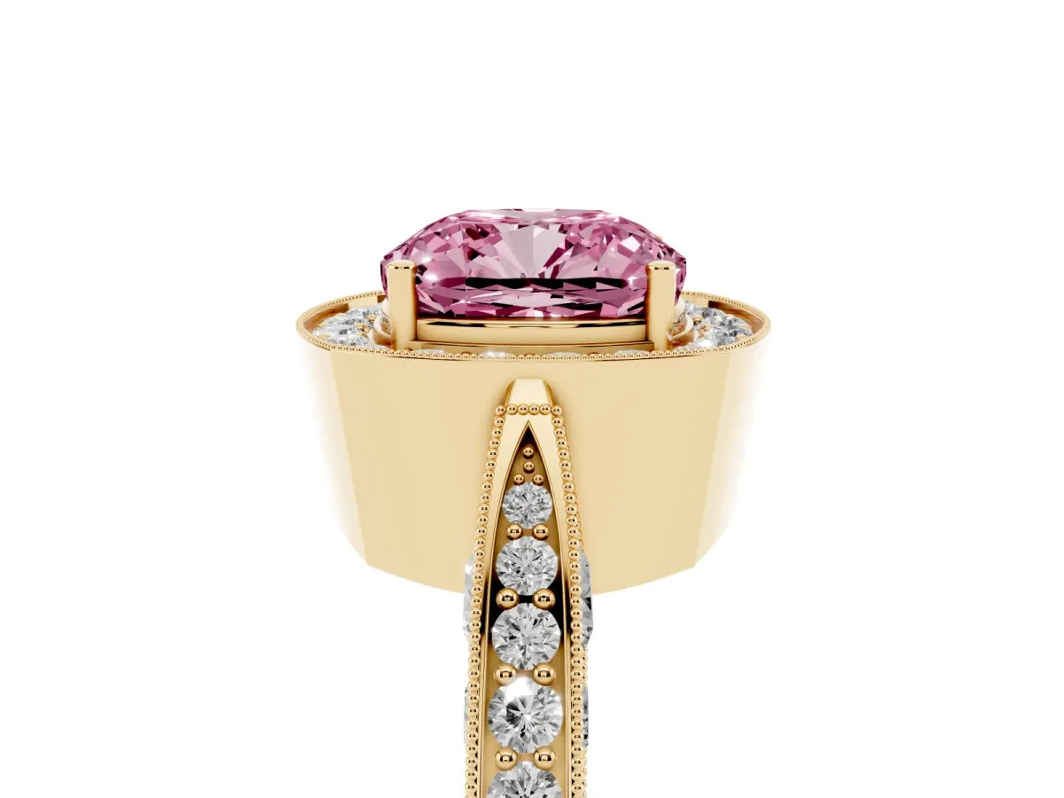 Fancy Pink Cushion Cut Halo Diamond Engagement Ring with Split Shank Band and Four-Prong Setting Yellow gold