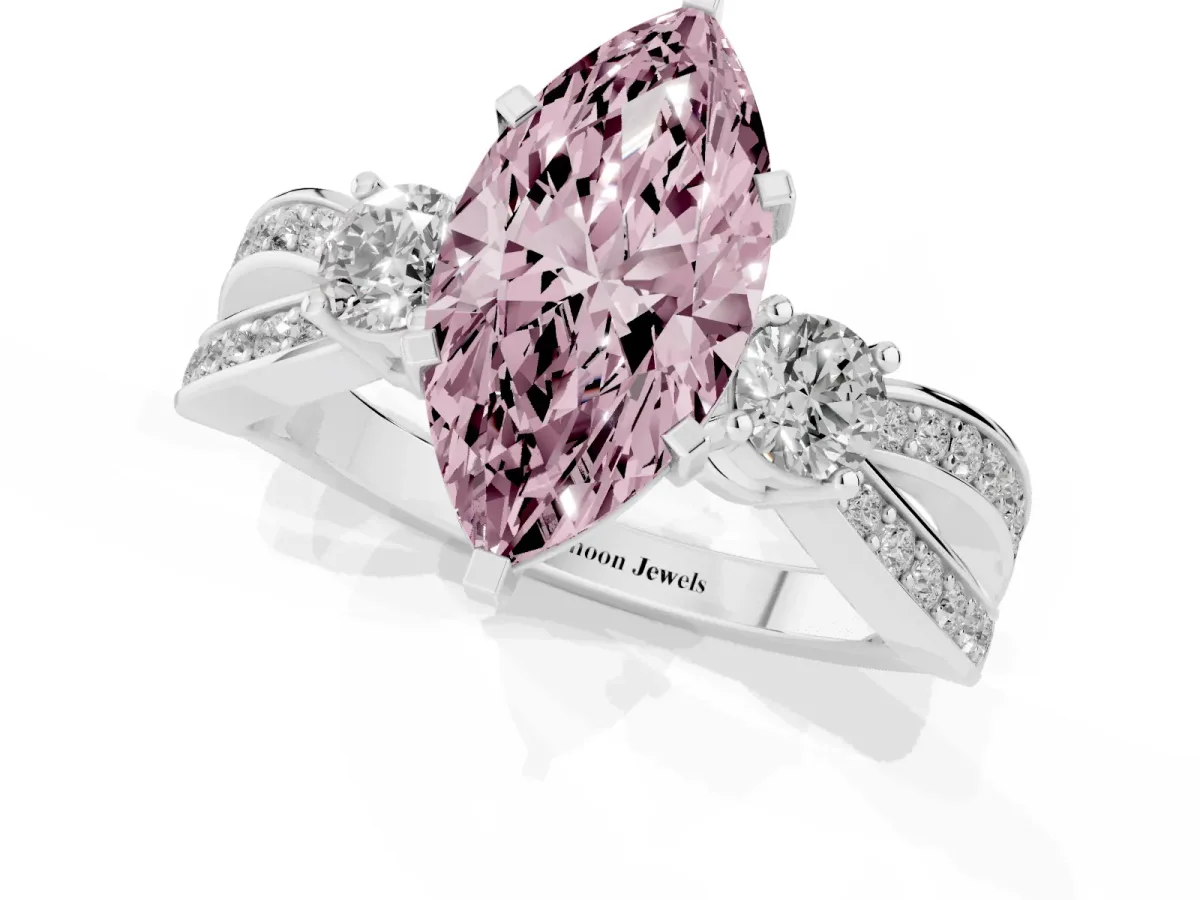 Fancy Pink Three-Stone Marquise Cut Cut Diamond Twist Band with Prong Setting Platinum