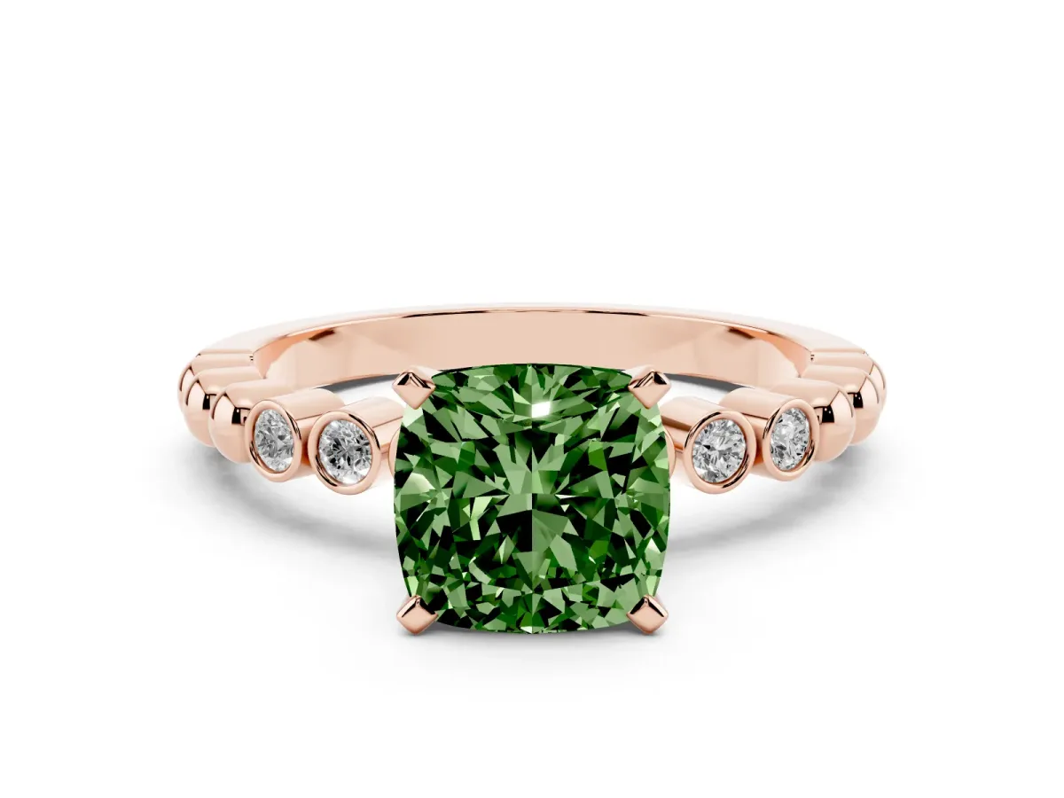 Fancy Green Cushion Cut Solitaire Bezel Accent Diamond Engagement Ring with Beaded Band and Four-Prong Setting Rose gold