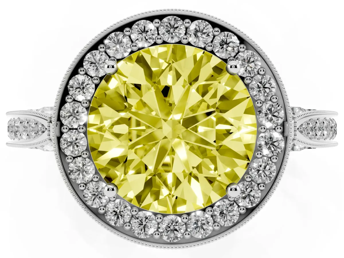 Fancy Yellow Round Cut Halo Diamond Engagement Ring with Split Shank Band and Four-Prong Setting Platinum