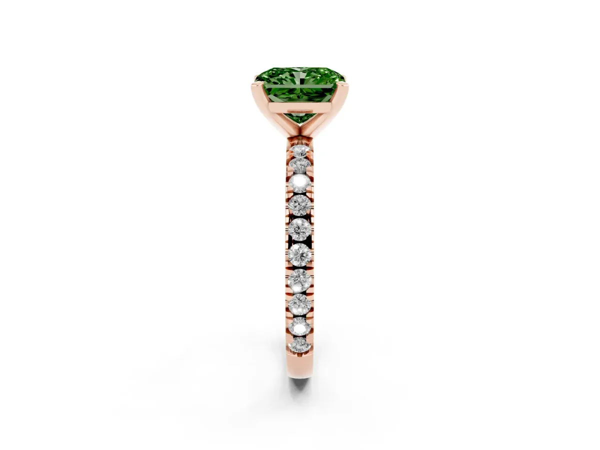 Fancy Green Radiant Cut Diamond Pavé Band Solitaire with Four-Prong Setting Rose gold
