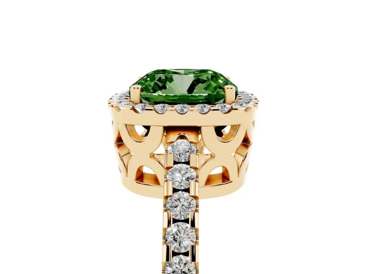 Fancy Green Cushion Cut Diamond Halo Engagement Ring with Pavé Band and Prong Setting Yellow gold