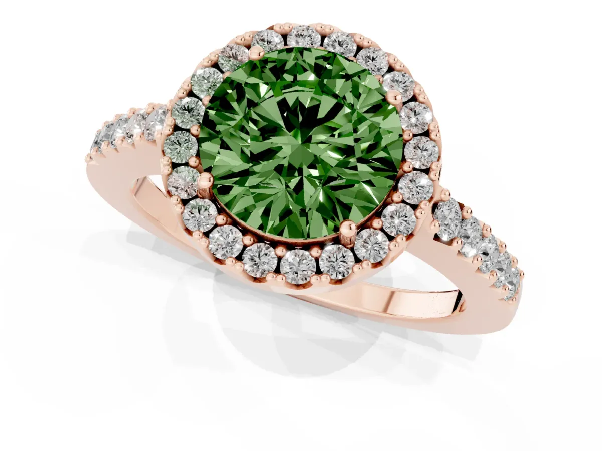 Fancy Green Round Cut Halo Diamond Pavé Solitaire Ring Rose gold