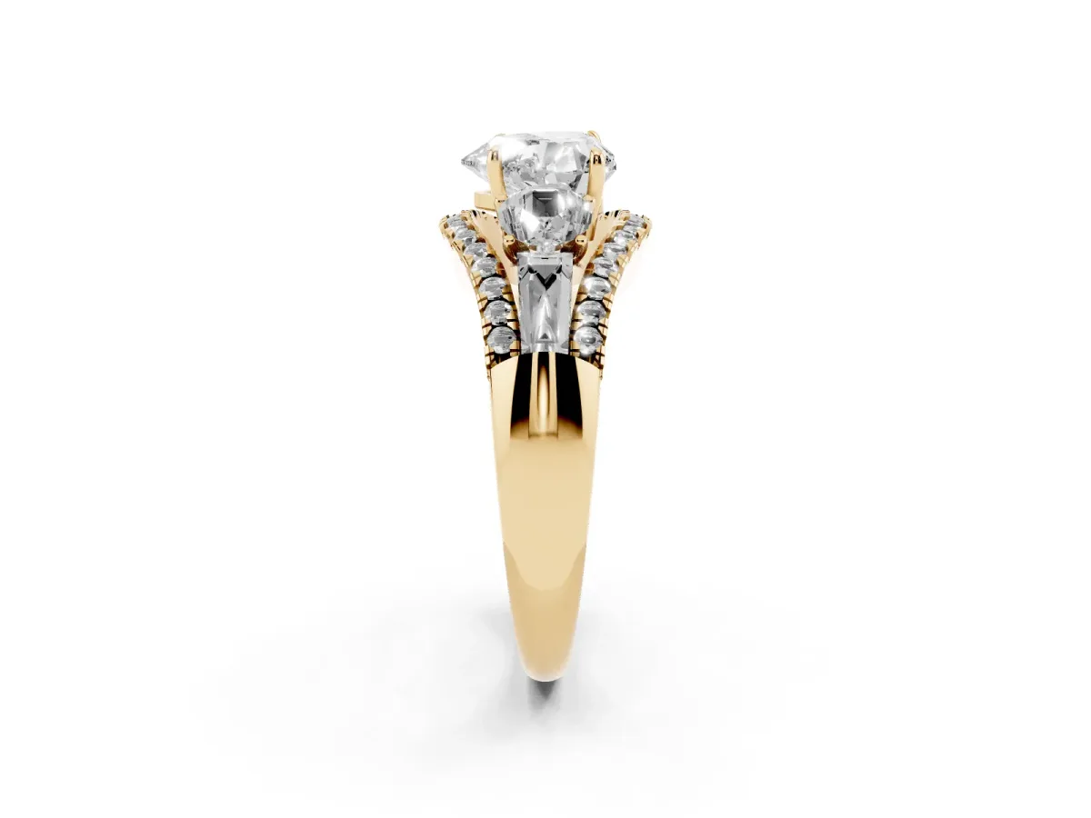 Three-Stone Heart Cut Diamond Engagement Ring with Pave Band and Prong Setting Yellow gold