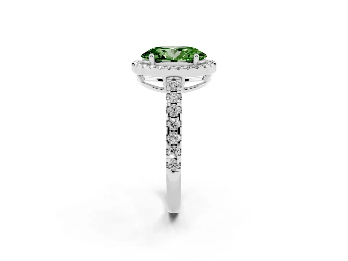 Fancy Green Oval Cut Diamond Halo Ring with Pavé Band and Four-Prong Setting Platinum