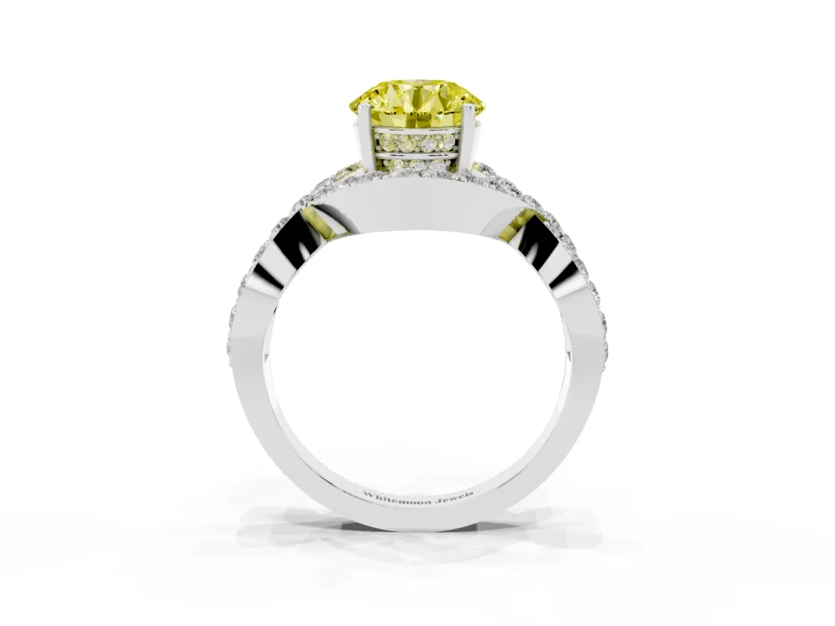 Fancy Yellow Round Cut Solitaire Twist Band Pavé Diamond Engagement Ring Silver