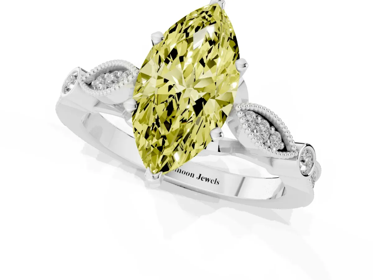 Fancy Yellow Marquise Cut Cut Diamond with Milgrain Marquise and Bezel Accents on a Solitaire Band with Prong Setting Silver