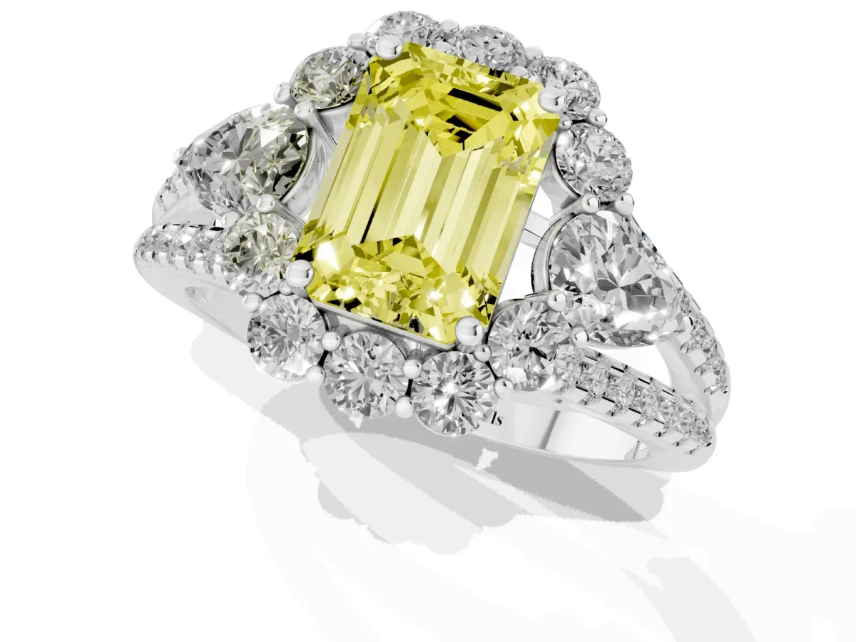 Fancy Yellow Emerald Cut Halo Split Shank Diamond Engagement Ring with Prong Setting Platinum
