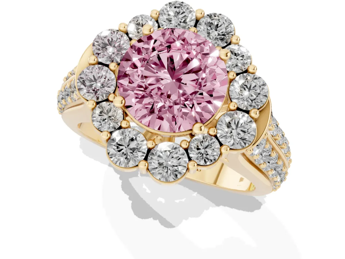 Fancy Pink Round Cut Halo Diamond Engagement Ring with Split Shank and Prong Setting Yellow gold