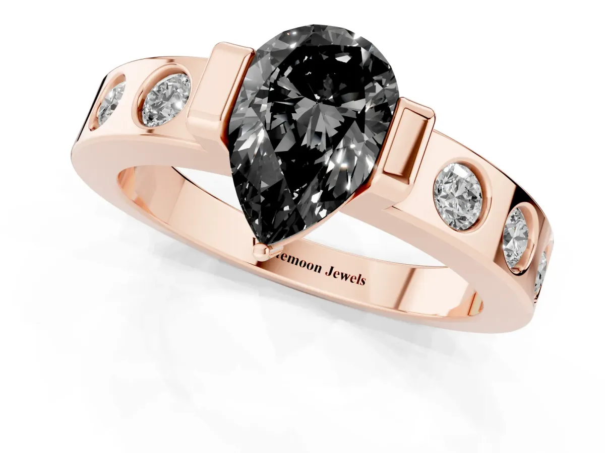 Fancy Black Pear Cut Brilliant Channel-Set Diamond Ring with Bezel Prong Setting Rose gold
