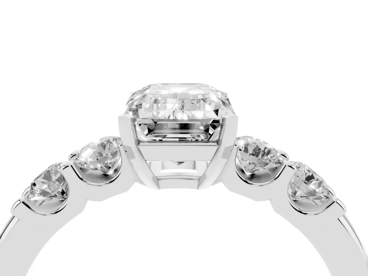 Emerald Cut Brilliant Cut Diamond Five-Stone Prong Set Engagement Ring with Channel Band Silver