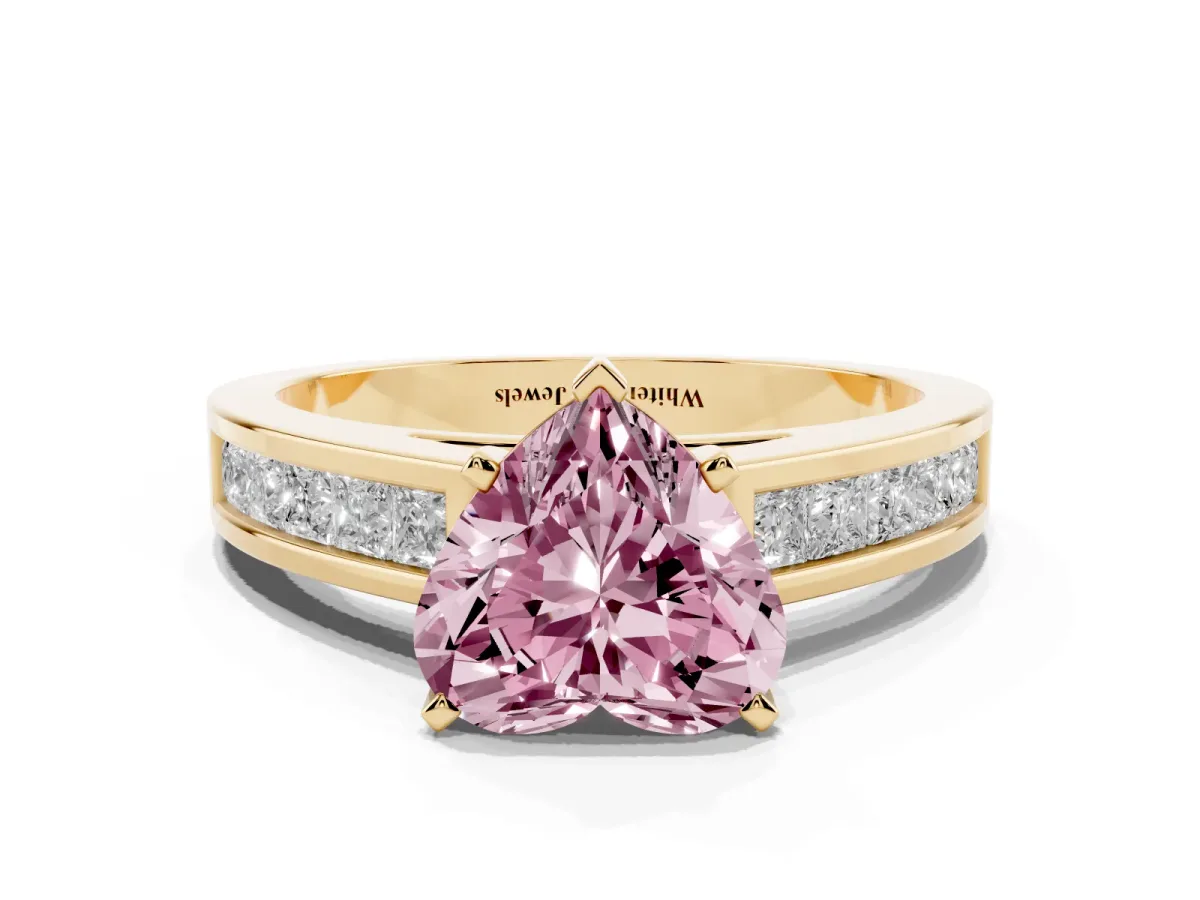 Fancy Pink Heart Cut Solitaire Diamond Ring with Channel-Set Band and Four-Prong Setting Yellow gold