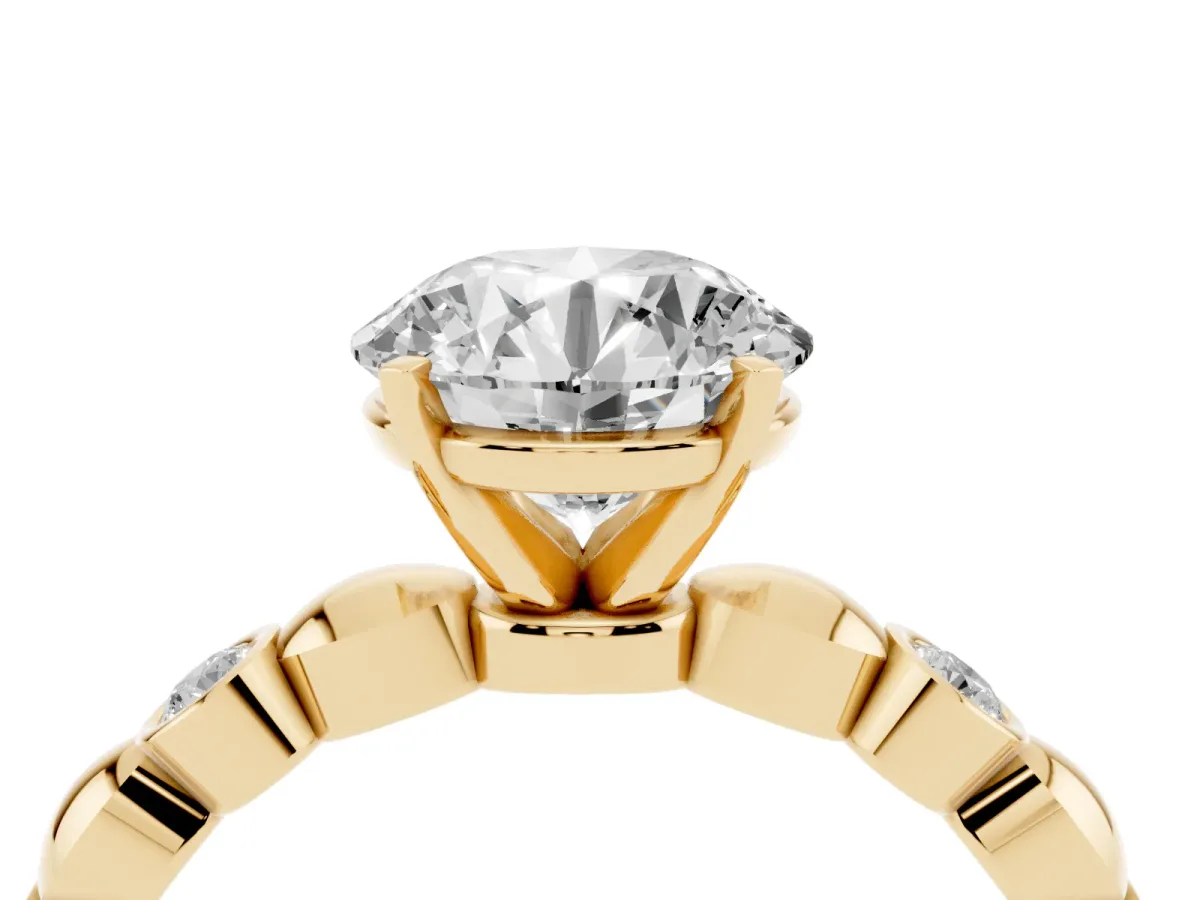 Round Cut Solitaire Bezel-Set Diamond Ring with Beaded Band and Four-Prong Setting Yellow gold