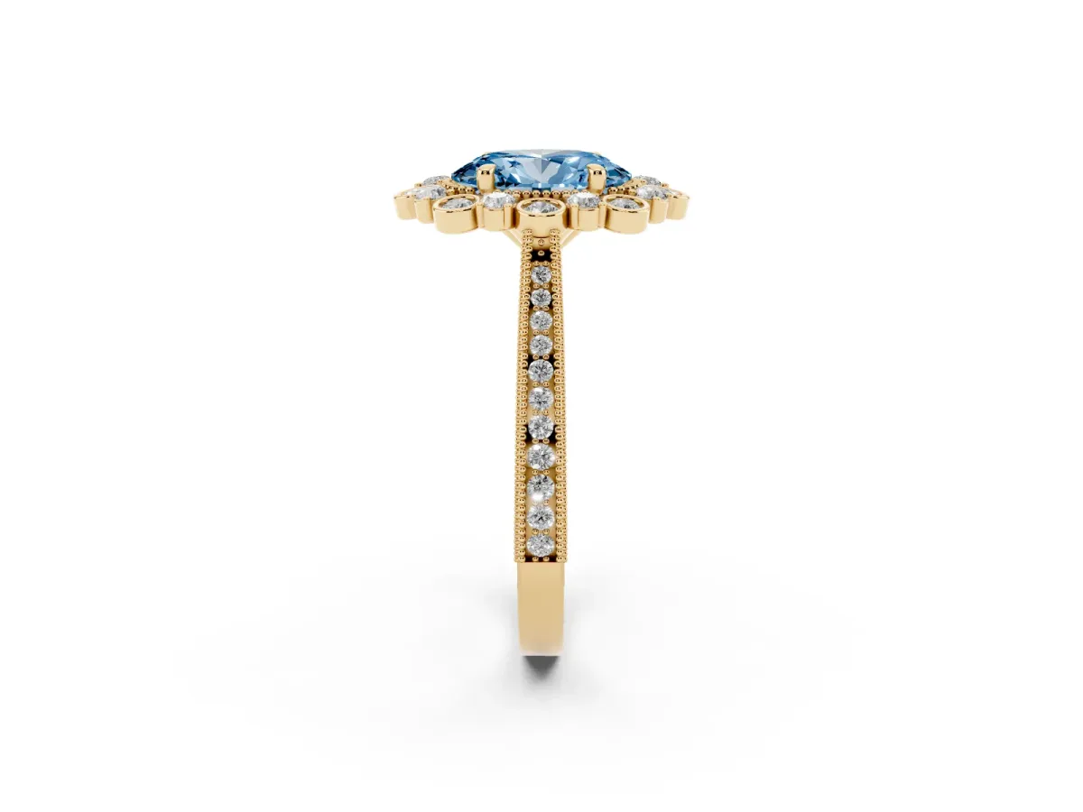 Fancy Blue Oval Cut Halo Milgrain Pave Diamond Ring with Four-Prong Setting Yellow gold