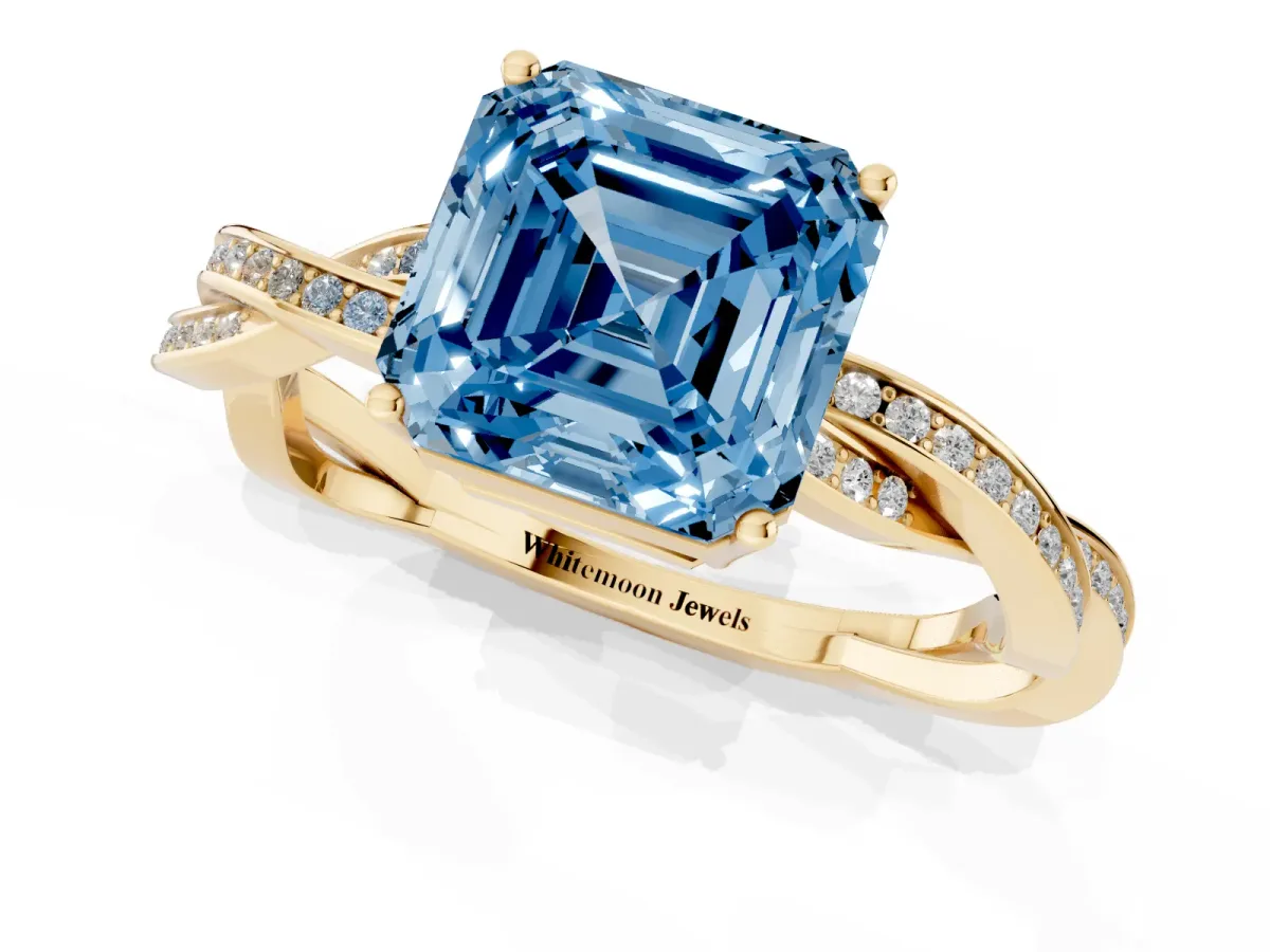 Fancy Blue Asscher Cut Solitaire Twisted Pave Diamond Ring with Four-Prong Setting Yellow gold