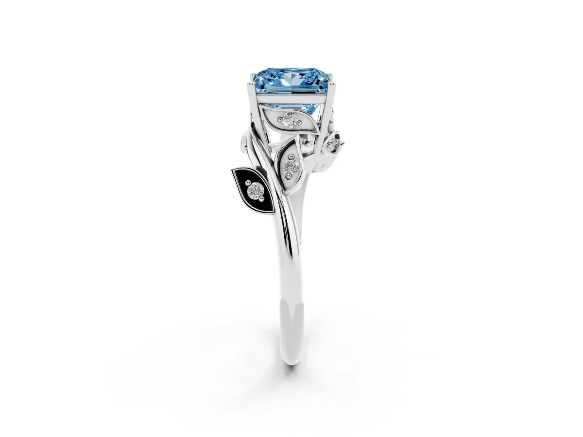 Fancy Blue Princess Cut Solitaire Twist Engagement Ring with Leaf Accents and Prong Setting Silver