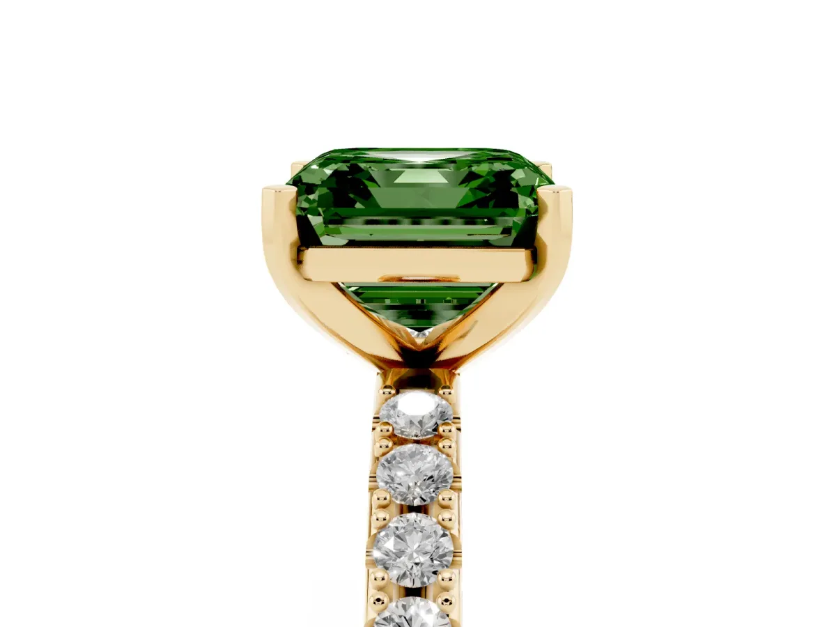 Fancy Green Asscher Cut Diamond Solitaire Pavé Band with Four-Prong Setting Yellow gold