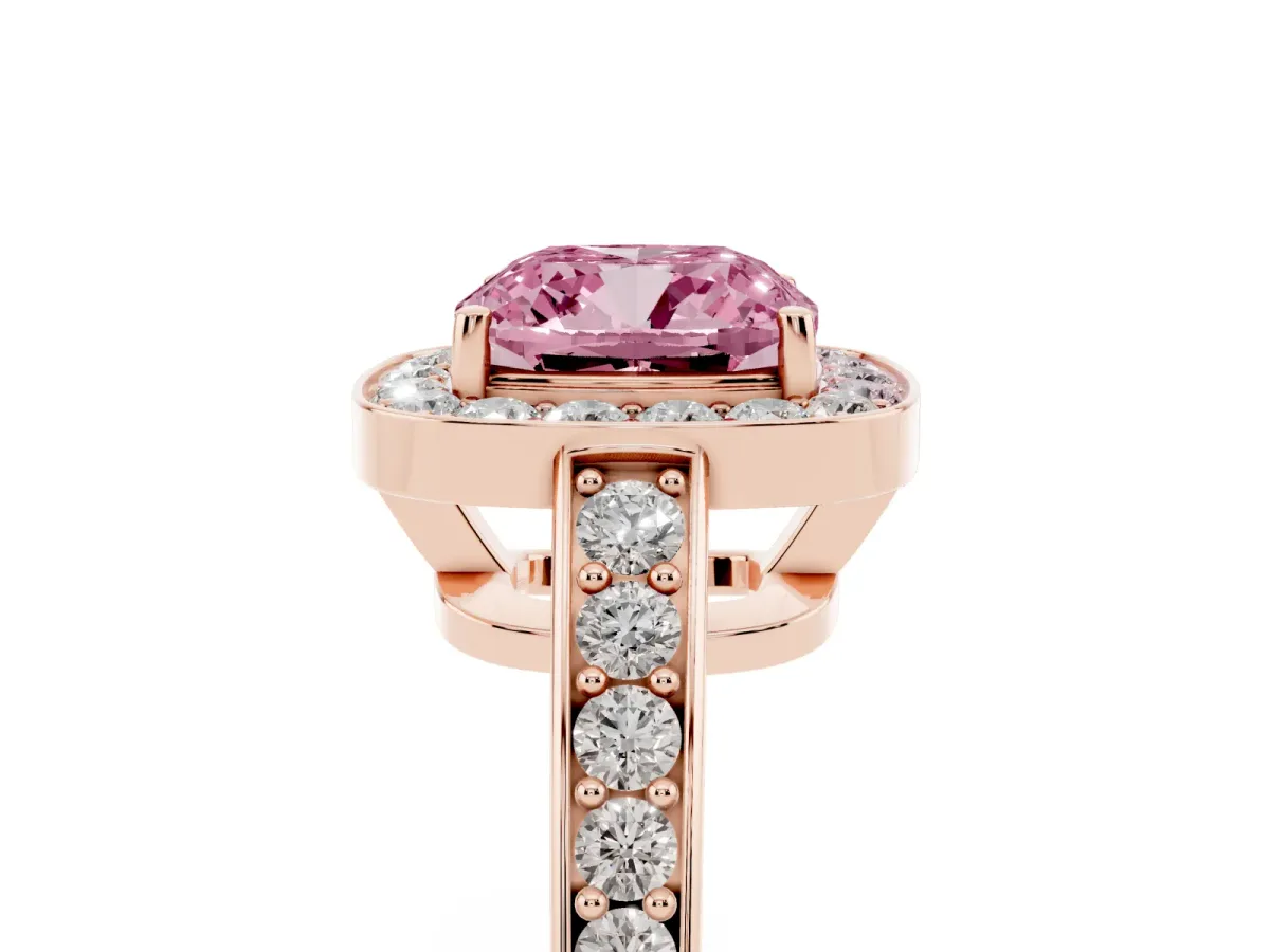 Fancy Pink Cushion Cut Halo Pavé Diamond Engagement Ring with Bezel Setting Rose gold
