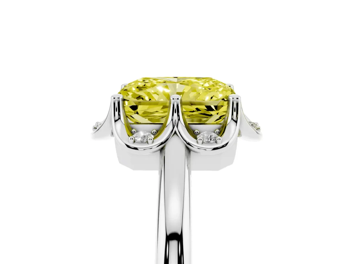 Fancy Yellow Radiant Cut Halo Diamond Ring with Round Cluster Setting, Solitaire Band, and Four-Prong Setting Platinum