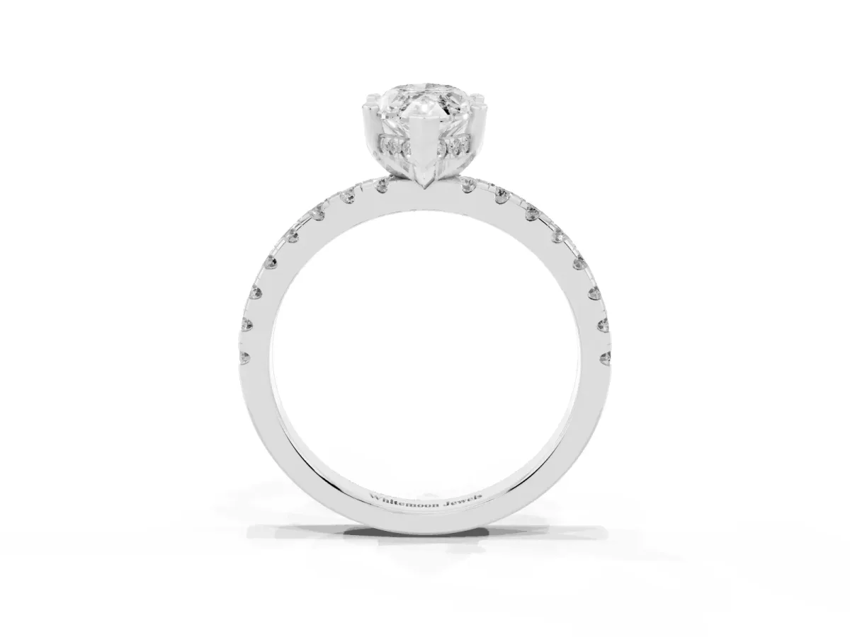 Marquise Cut Diamond Solitaire Ring with Round Pavé Band and Four-Prong Setting Silver
