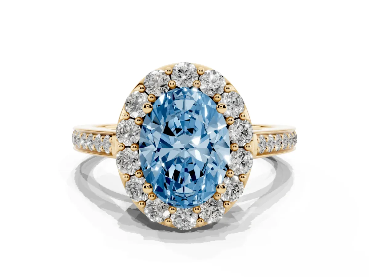 Fancy Blue Oval Cut Diamond Floral Halo Ring with Pavé Band and Prong Setting Yellow gold