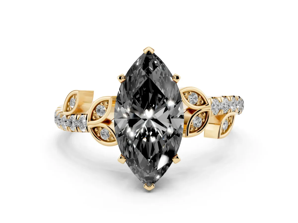 Fancy Black Marquise Cut Solitaire Leaf-Inspired Diamond Ring with Pavé Band and Four-Prong Setting Yellow gold