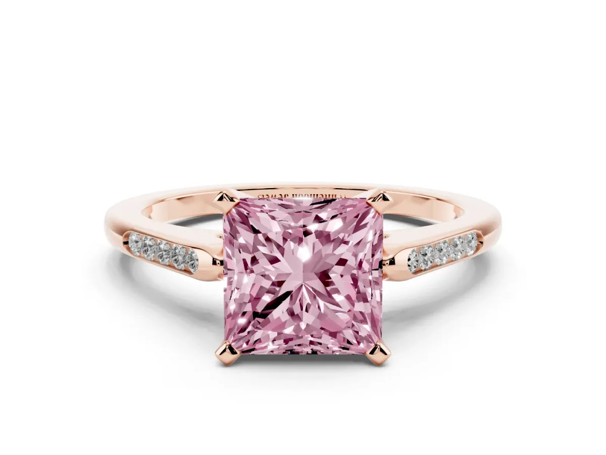 Fancy Pink Princess Cut Diamond Solitaire Ring with Channel Set Round Band and Prong Setting Rose gold