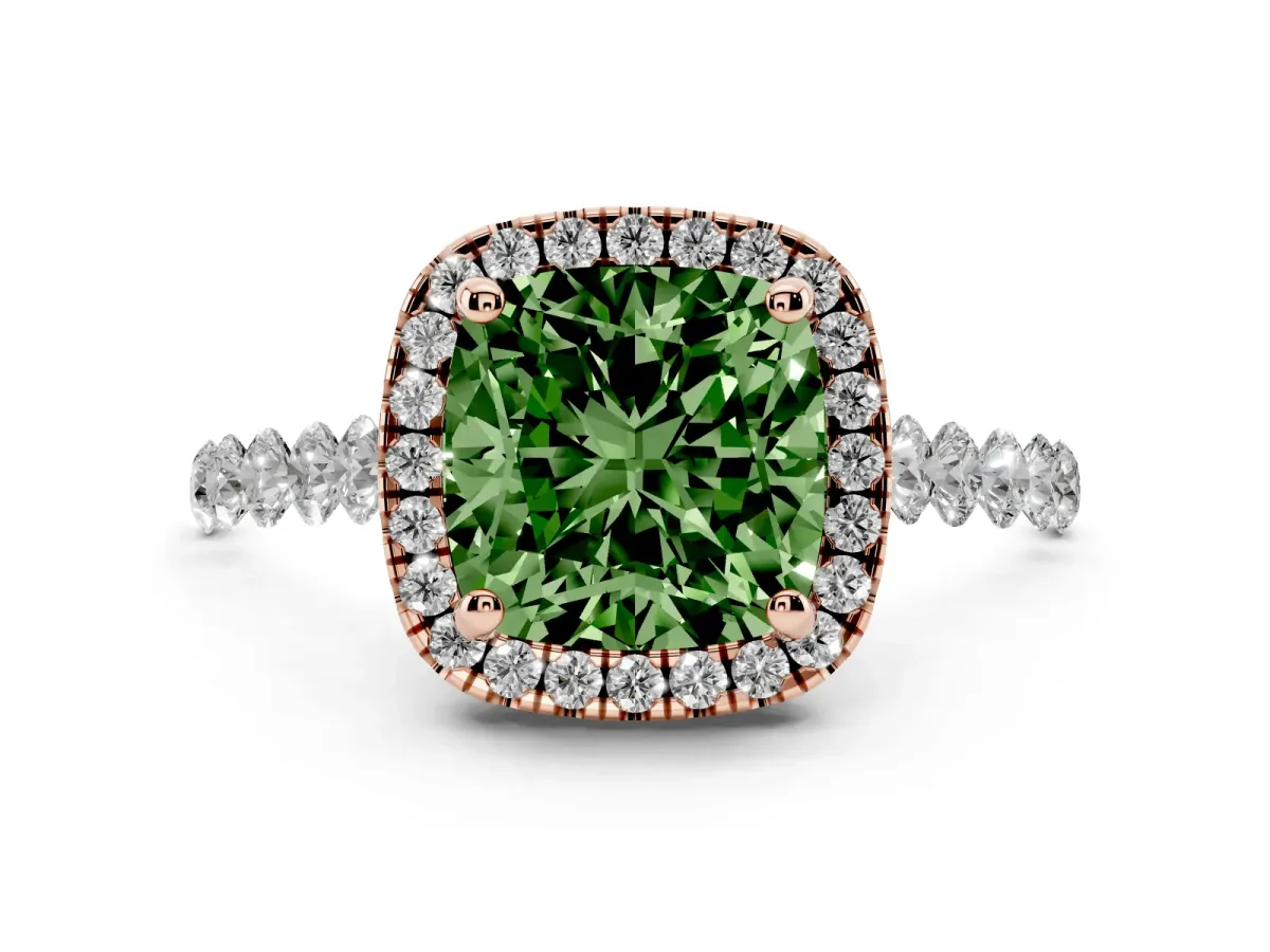 Fancy Green Cushion Cut Halo Pavé Diamond Engagement Ring with Four-Prong Setting Rose gold