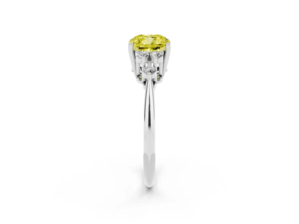 Fancy Yellow Cushion Cut Cut Diamond Cluster Ring with Solitaire Band and Four-Prong Setting Silver