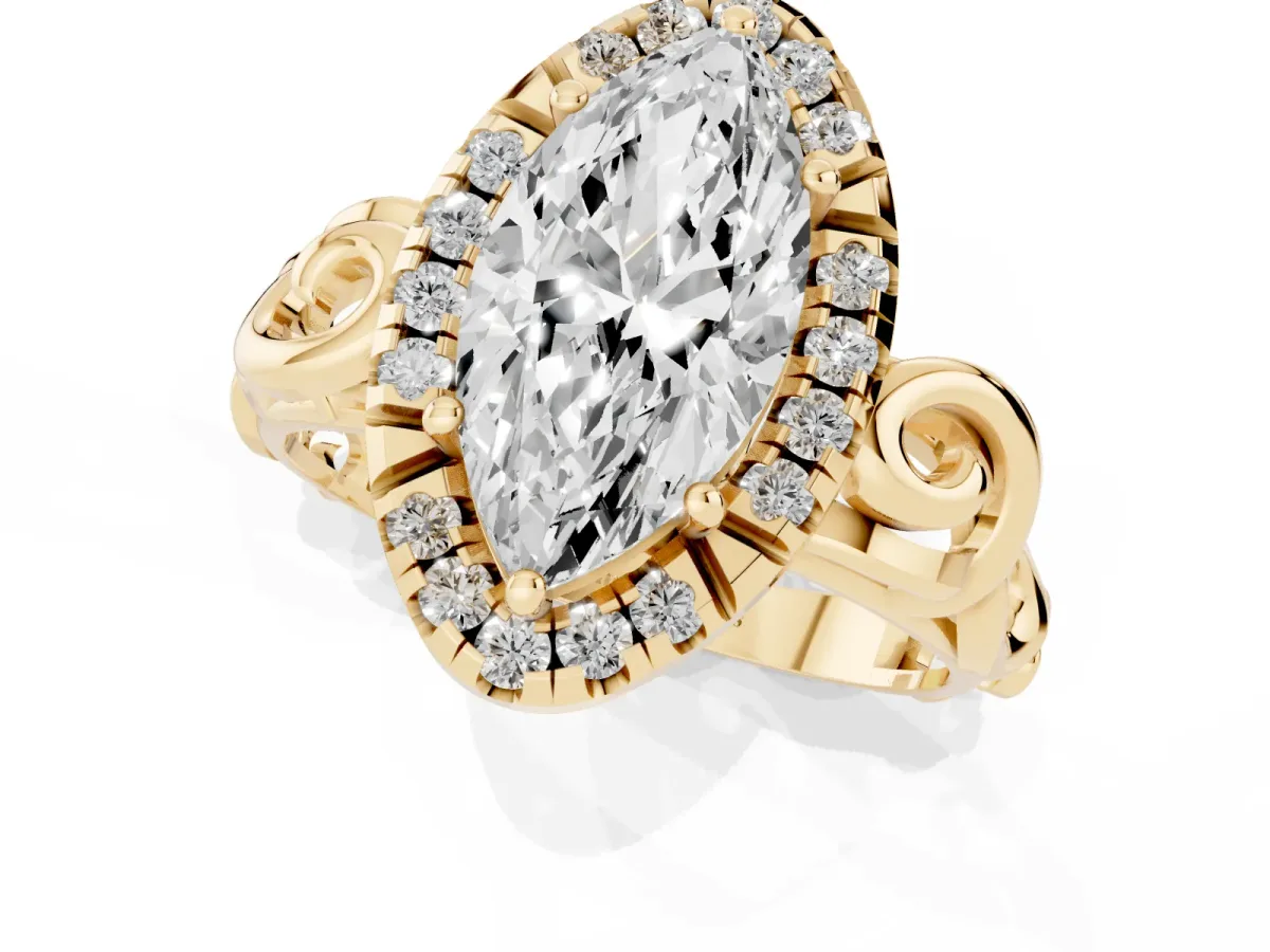 Marquise Cut Cut Halo Diamond Ring with Scrollwork Band and Four-Prong Setting Yellow gold