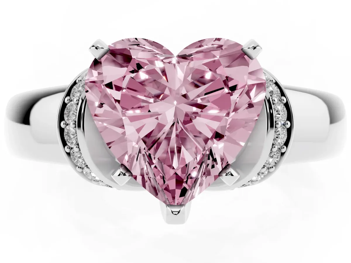 Fancy Pink Heart Cut Solitaire Diamond Ring with Pave Band and Six-Prong Setting Platinum