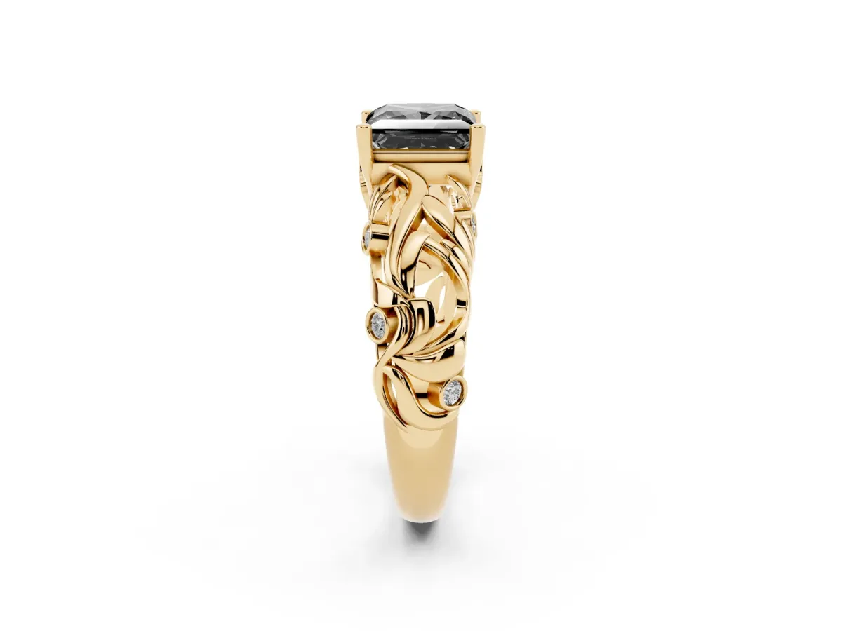 Fancy Black Princess Cut Solitaire Diamond Leaf-Inspired Vine Band Ring with Prong Setting Yellow gold