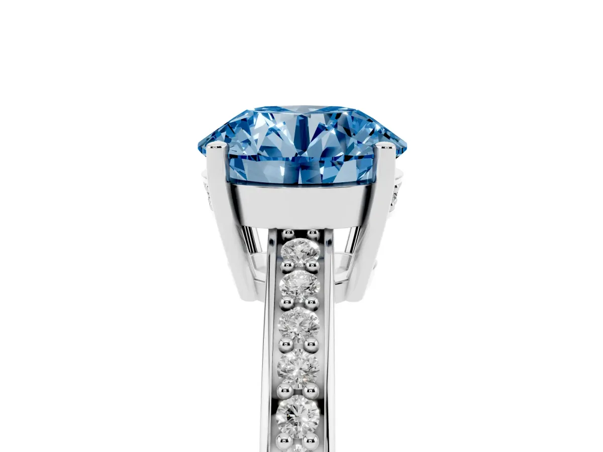 Fancy Blue Round Cut Solitaire Pavé Band Prong Setting Ring Silver