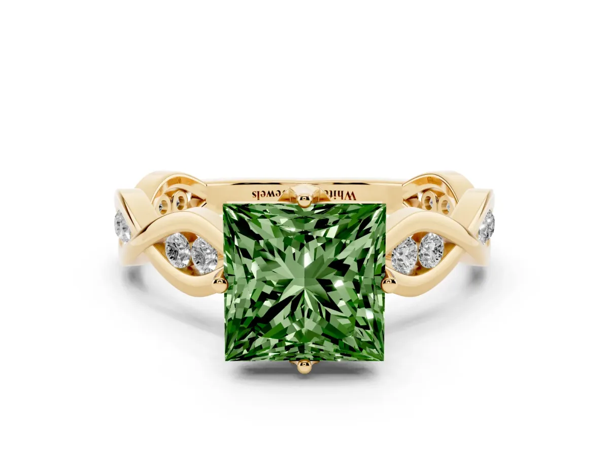 Fancy Green Princess Cut Solitaire Twist Band with Leaf Prong Setting Yellow gold