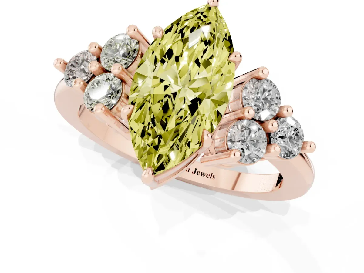 Fancy Yellow Marquise Cut Brilliant Diamond Cluster Accent Solitaire Ring with Prong Setting Rose gold