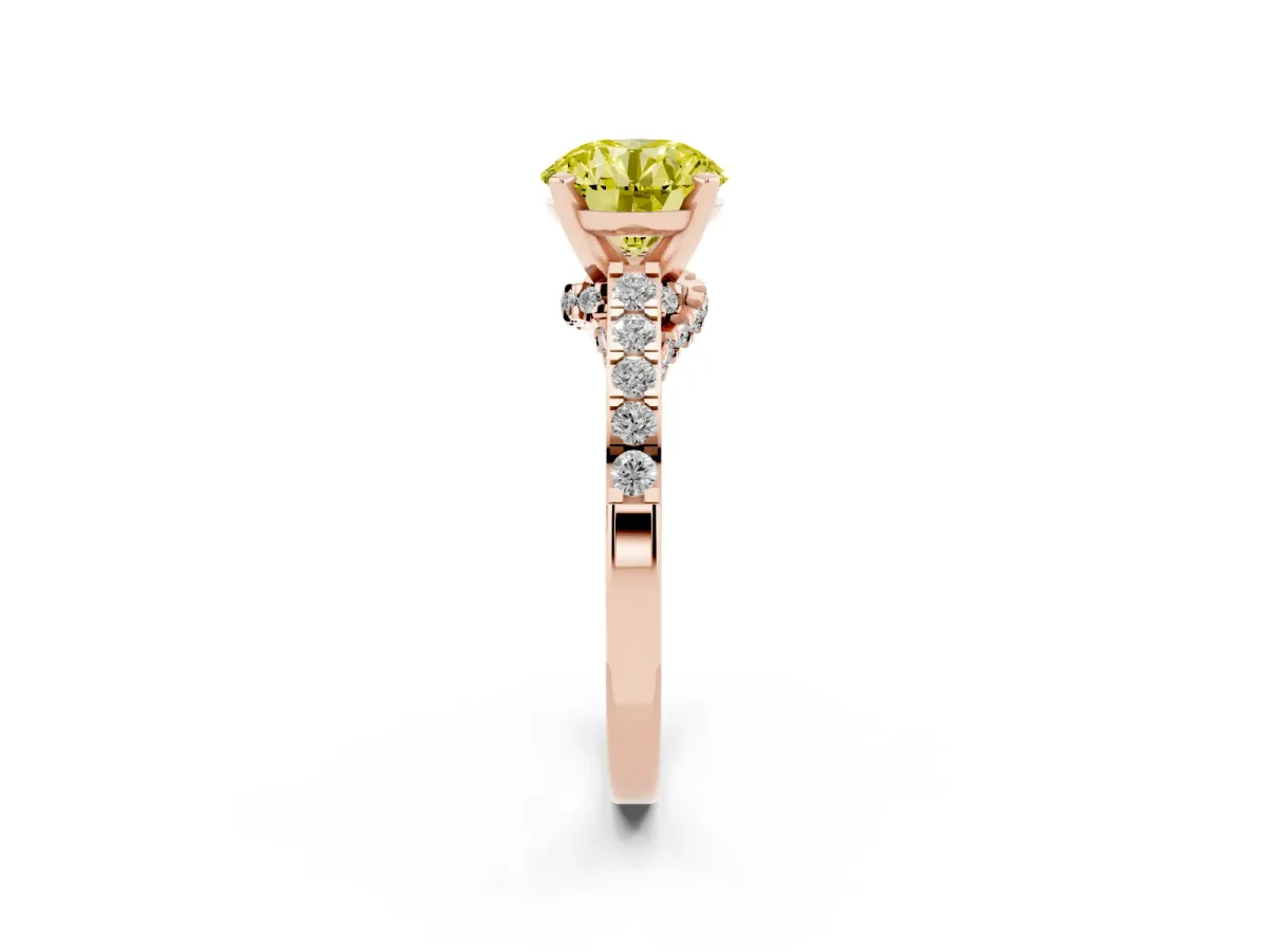 Fancy Yellow Round Cut Diamond Solitaire Ring with Crossover Gallery and Round Pavé Band Rose gold