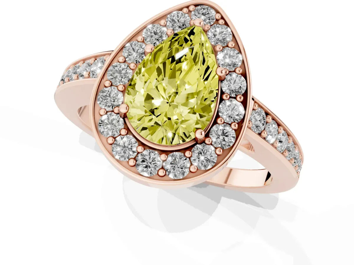 Fancy Yellow Pear Cut Halo Pavé Diamond Engagement Ring with Bezel Setting Rose gold
