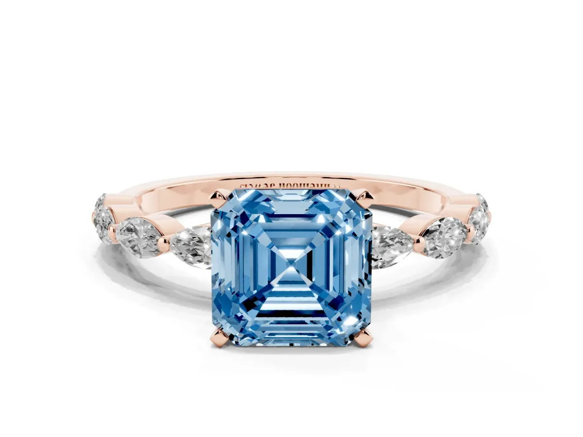 Fancy Blue Asscher Cut Diamond Ring with Marquise Side Stones and Prong Setting Rose gold